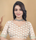 Digital Printed Linen Cotton Saree, Off-White, Floral Design, Traditional Ethnic Wear