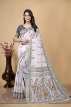 Linen Saree with Floral Print, Lavender, Traditional Indian Ethnic Wear