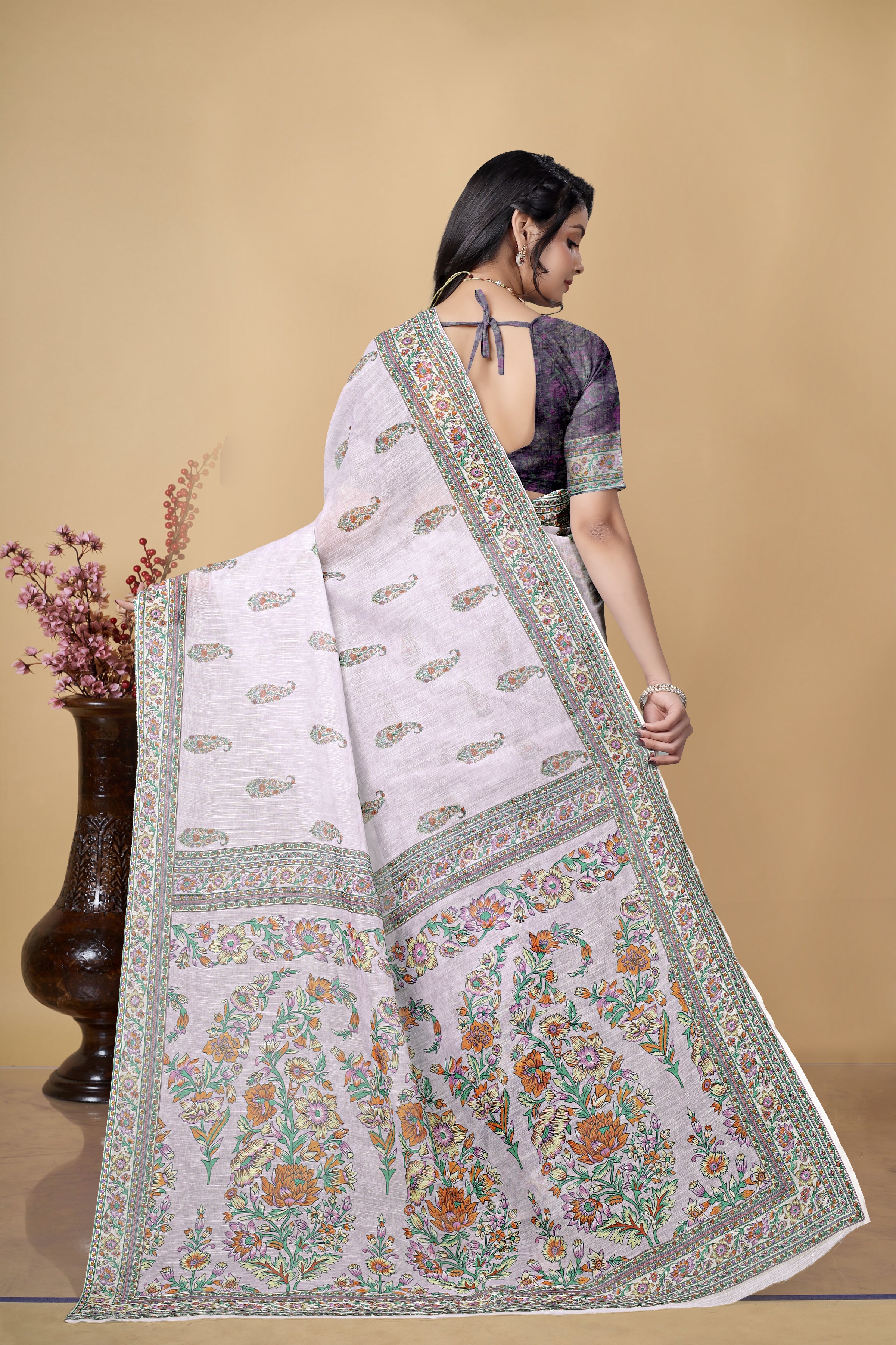 Linen Saree with Floral Print, Lavender, Traditional Indian Ethnic Wear