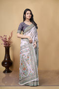 Linen Saree with Floral Print, Lavender, Traditional Indian Ethnic Wear