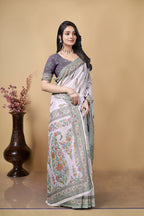 Linen Saree with Floral Print, Lavender, Traditional Indian Ethnic Wear