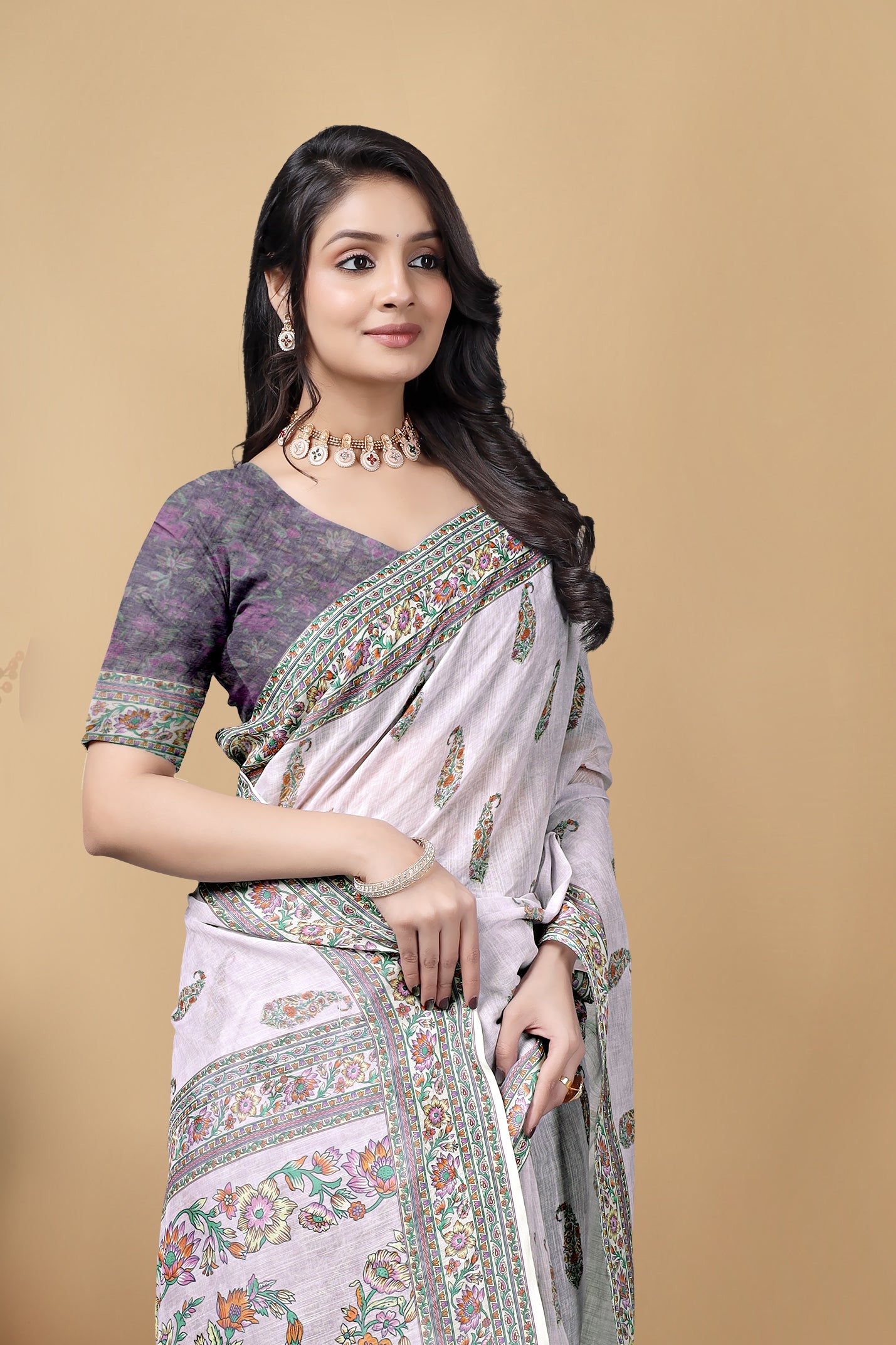 Linen Saree with Floral Print, Lavender, Traditional Indian Ethnic Wear