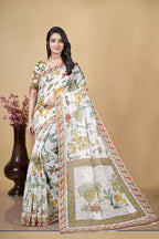 Digital Printed Linen Cotton Saree, White, Traditional Indian Ethnic Wear, Floral and Animal Motif Design