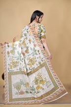 Digital Printed Linen Cotton Saree, White, Traditional Indian Ethnic Wear, Floral and Animal Motif Design