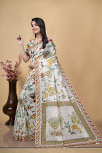 Digital Printed Linen Cotton Saree, White, Traditional Indian Ethnic Wear, Floral and Animal Motif Design