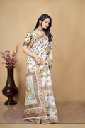 Digital Printed Linen Cotton Saree, White, Traditional Indian Ethnic Wear, Floral and Animal Motif Design