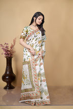 Digital Printed Linen Cotton Saree, White, Traditional Indian Ethnic Wear, Floral and Animal Motif Design