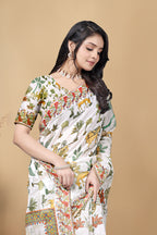 Digital Printed Linen Cotton Saree, White, Traditional Indian Ethnic Wear, Floral and Animal Motif Design