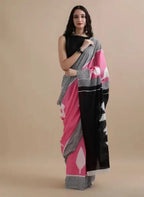 Digital Printed Linen Cotton Saree, Pink Black Grey, Geometric Pattern, Traditional Ethnic Wear