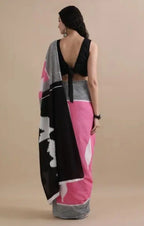 Digital Printed Linen Cotton Saree, Pink Black Grey, Geometric Pattern, Traditional Ethnic Wear