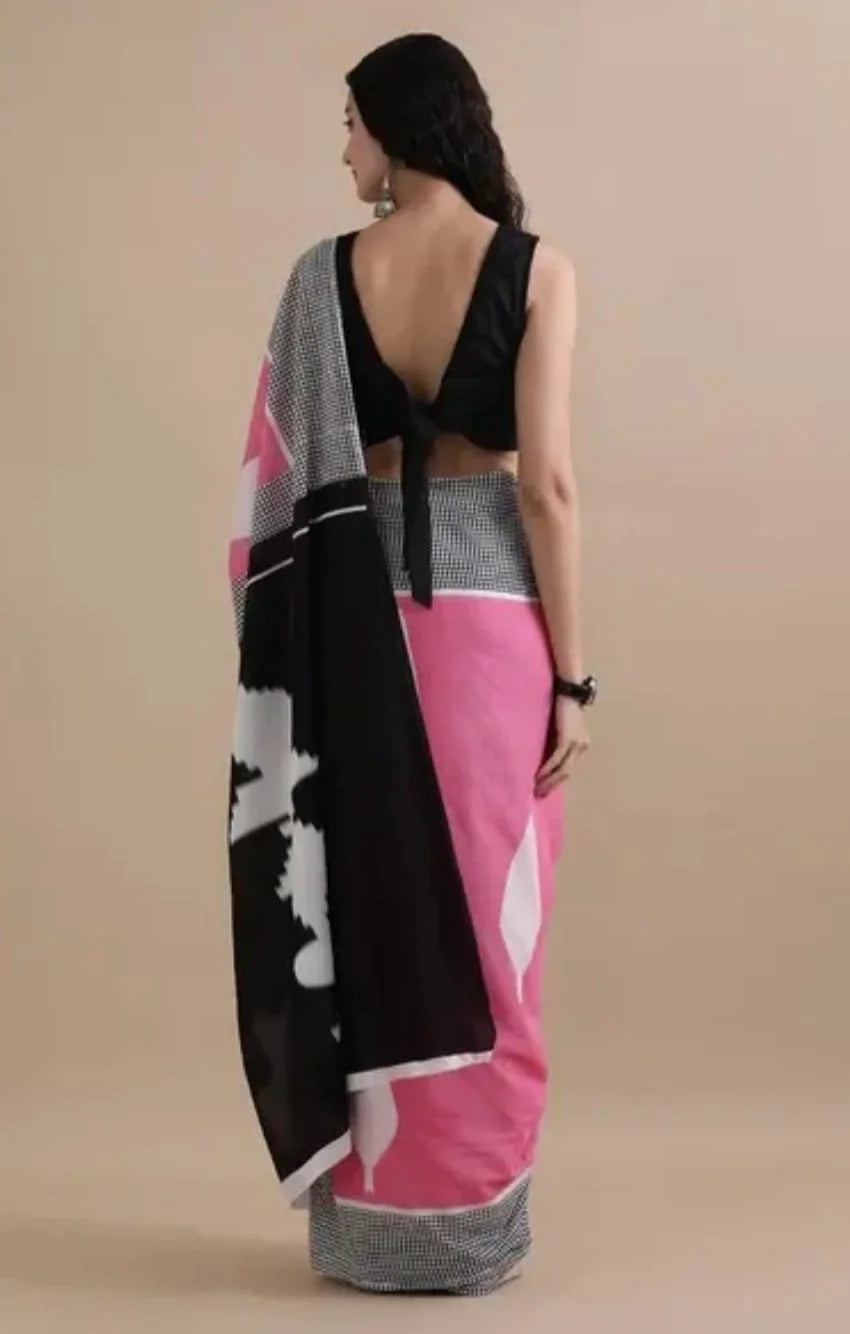 Digital Printed Linen Cotton Saree, Pink Black Grey, Geometric Pattern, Traditional Ethnic Wear
