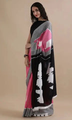 Digital Printed Linen Cotton Saree, Pink Black Grey, Geometric Pattern, Traditional Ethnic Wear