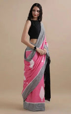 Digital Printed Linen Cotton Saree, Pink Black Grey, Geometric Pattern, Traditional Ethnic Wear