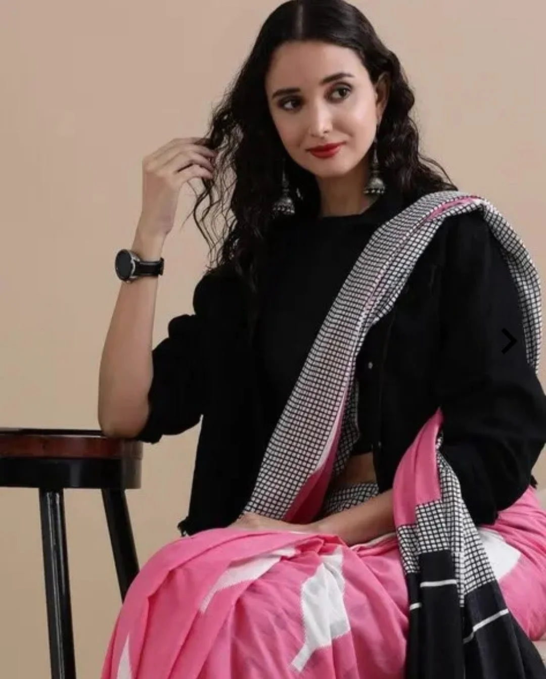 Digital Printed Linen Cotton Saree, Pink Black Grey, Geometric Pattern, Traditional Ethnic Wear