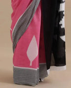 Digital Printed Linen Cotton Saree, Pink Black Grey, Geometric Pattern, Traditional Ethnic Wear