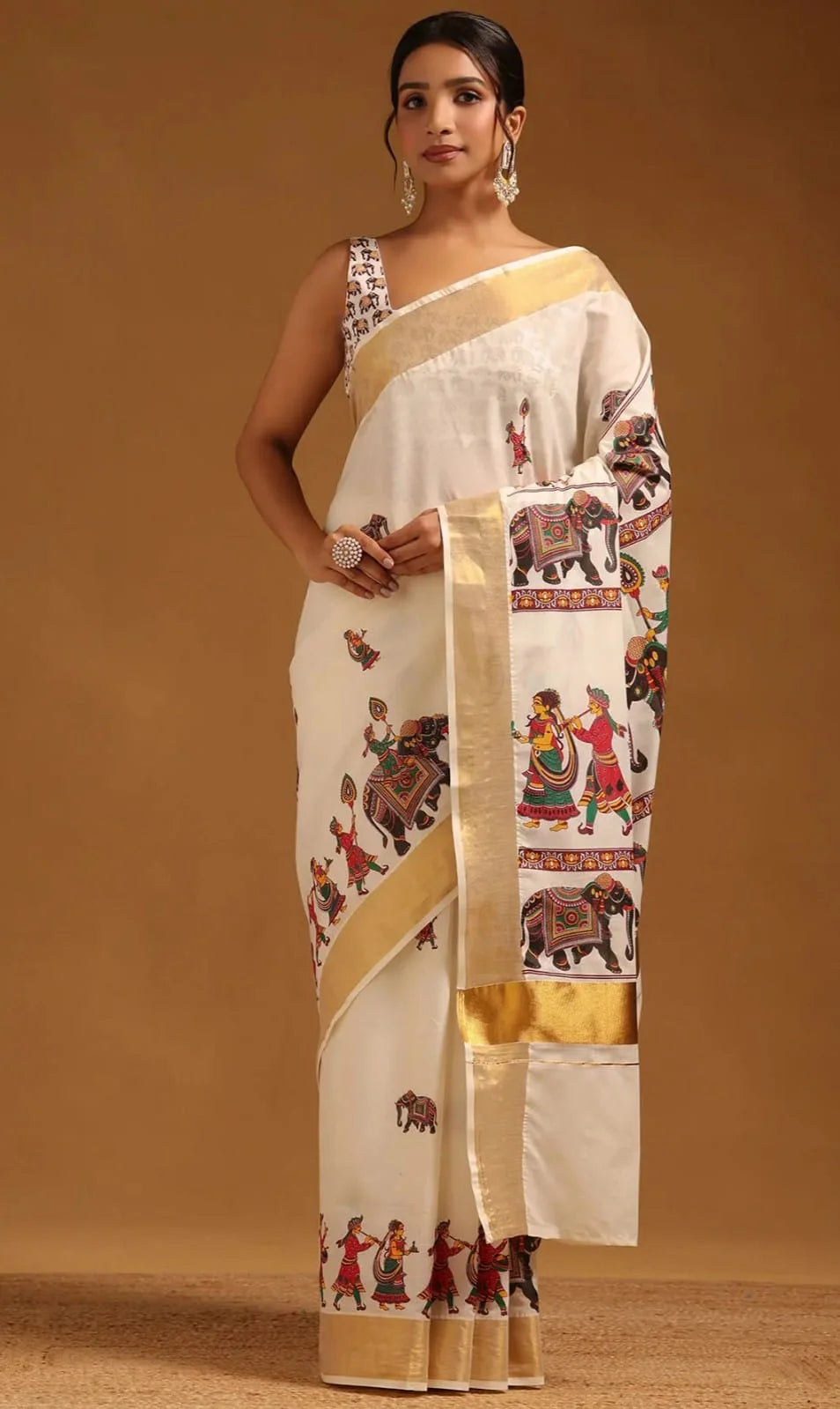 Traditional Linen Cotton Saree with Elephant and Folk Dance Print, Off-White with Golden Border