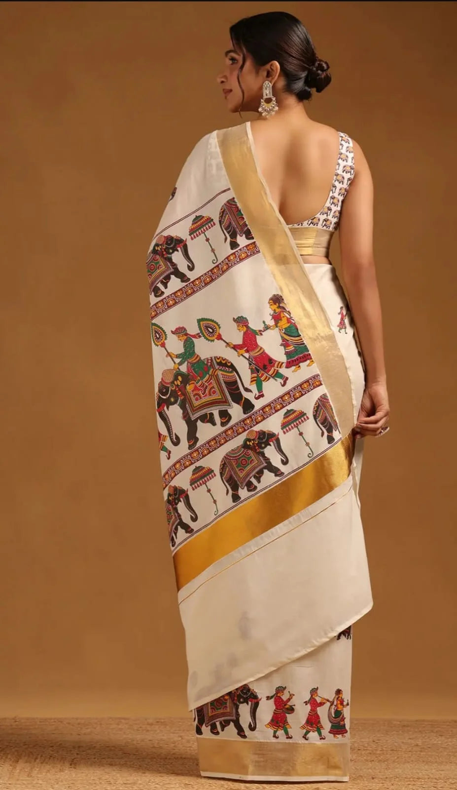 Traditional Linen Cotton Saree with Elephant and Folk Dance Print, Off-White with Golden Border
