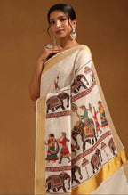 Traditional Linen Cotton Saree with Elephant and Folk Dance Print, Off-White with Golden Border
