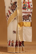 Traditional Linen Cotton Saree with Elephant and Folk Dance Print, Off-White with Golden Border