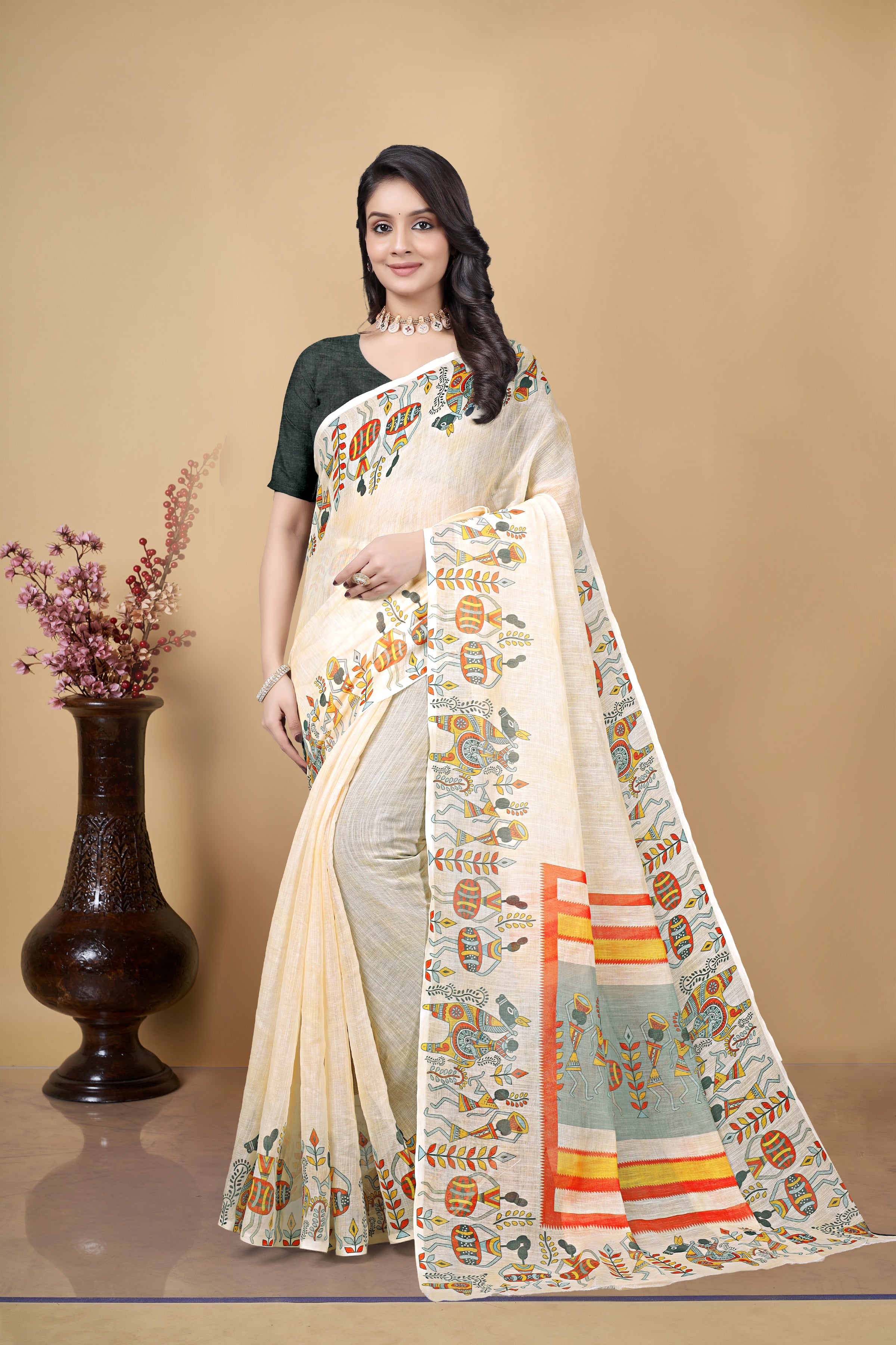 Linen Saree with Printed Border, Off-White, Traditional Ethnic Wear