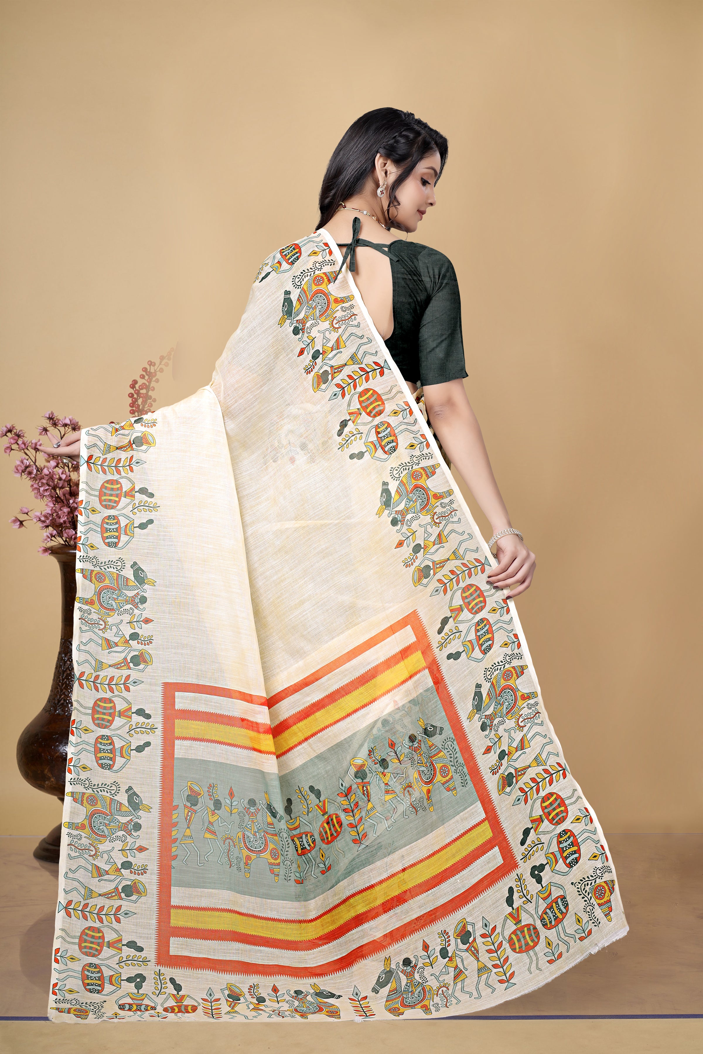 Linen Saree with Printed Border, Off-White, Traditional Ethnic Wear