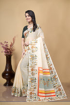 Linen Saree with Printed Border, Off-White, Traditional Ethnic Wear