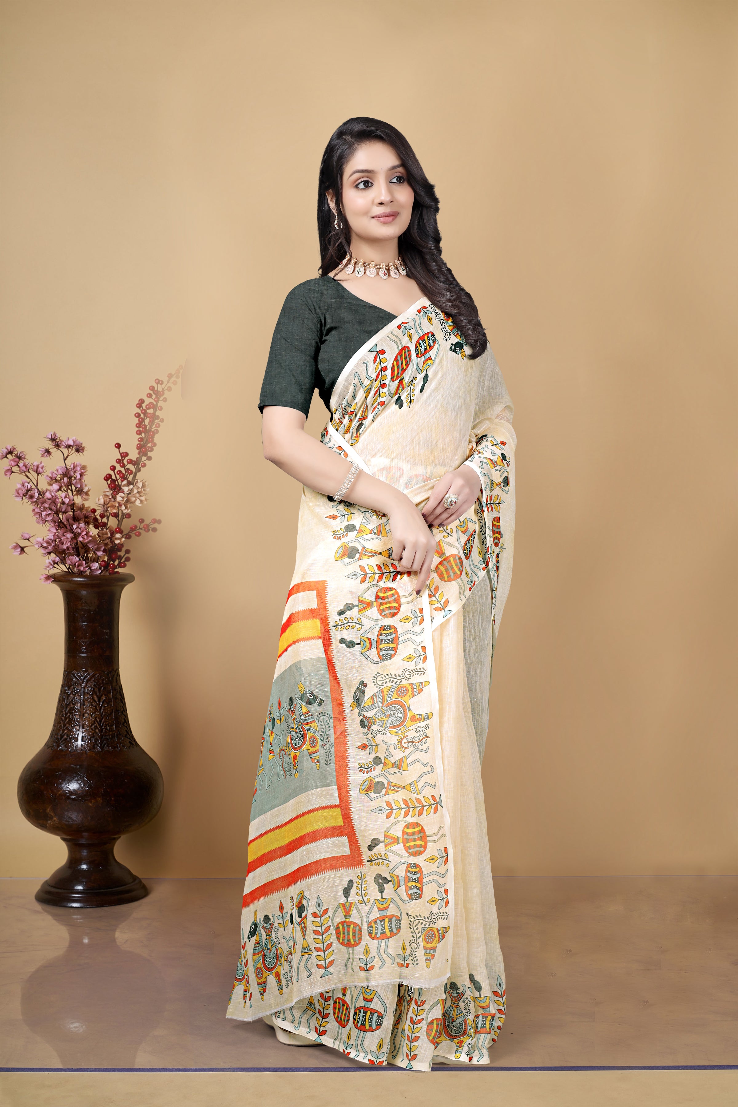 Linen Saree with Printed Border, Off-White, Traditional Ethnic Wear