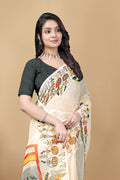 Linen Saree with Printed Border, Off-White, Traditional Ethnic Wear