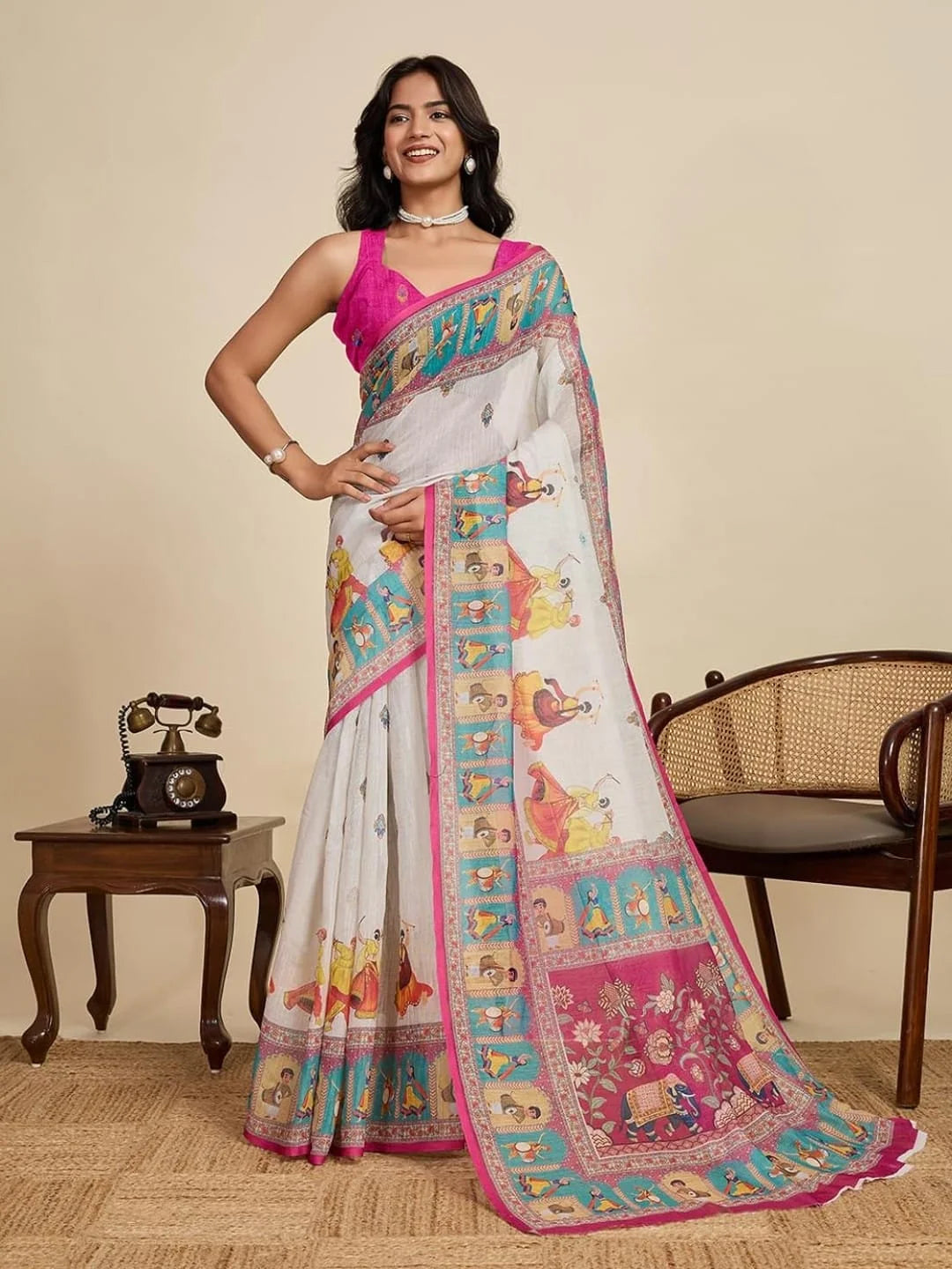 White Linen Cotton Saree with Pink Border, Digital Printed Traditional Design