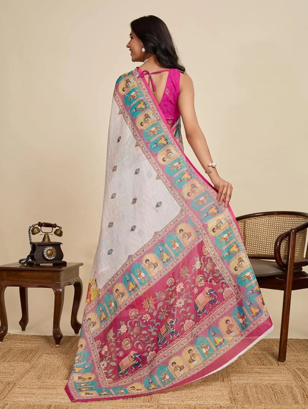 White Linen Cotton Saree with Pink Border, Digital Printed Traditional Design