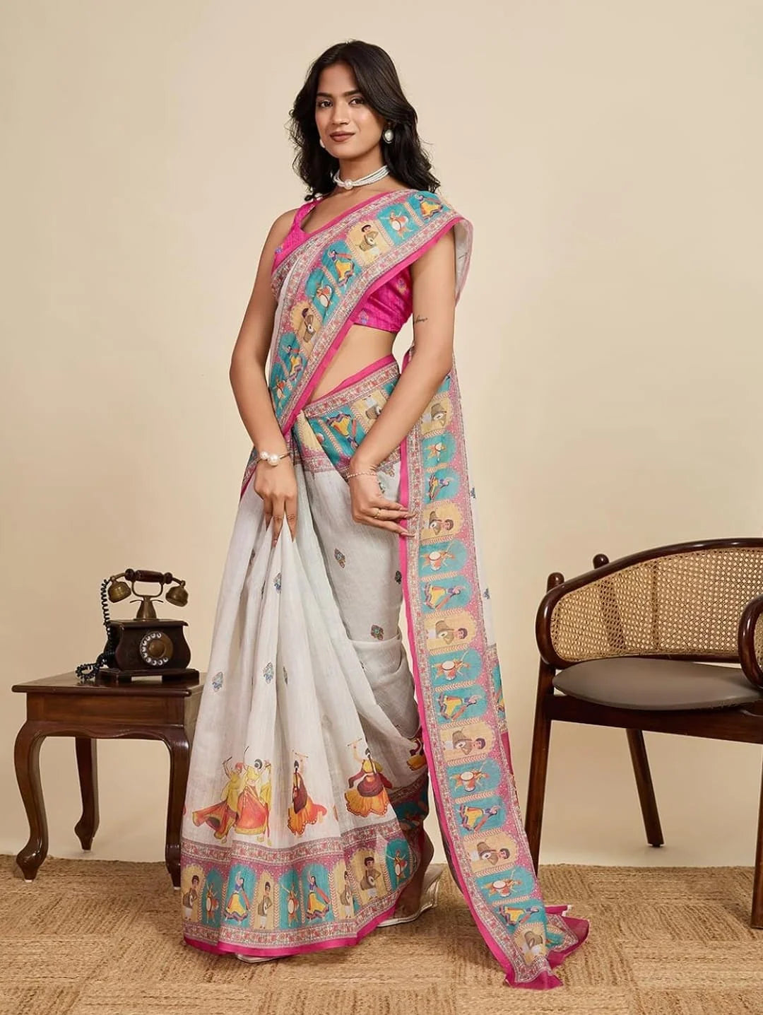 White Linen Cotton Saree with Pink Border, Digital Printed Traditional Design