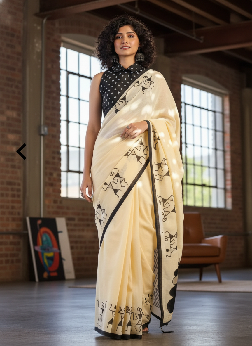 Cream Linen Cotton Saree with Warli Art Gigital Print, Black Border, Traditional Indian Ethnic Wear