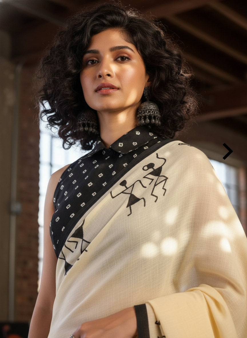 Cream Linen Cotton Saree with Warli Art Gigital Print, Black Border, Traditional Indian Ethnic Wear
