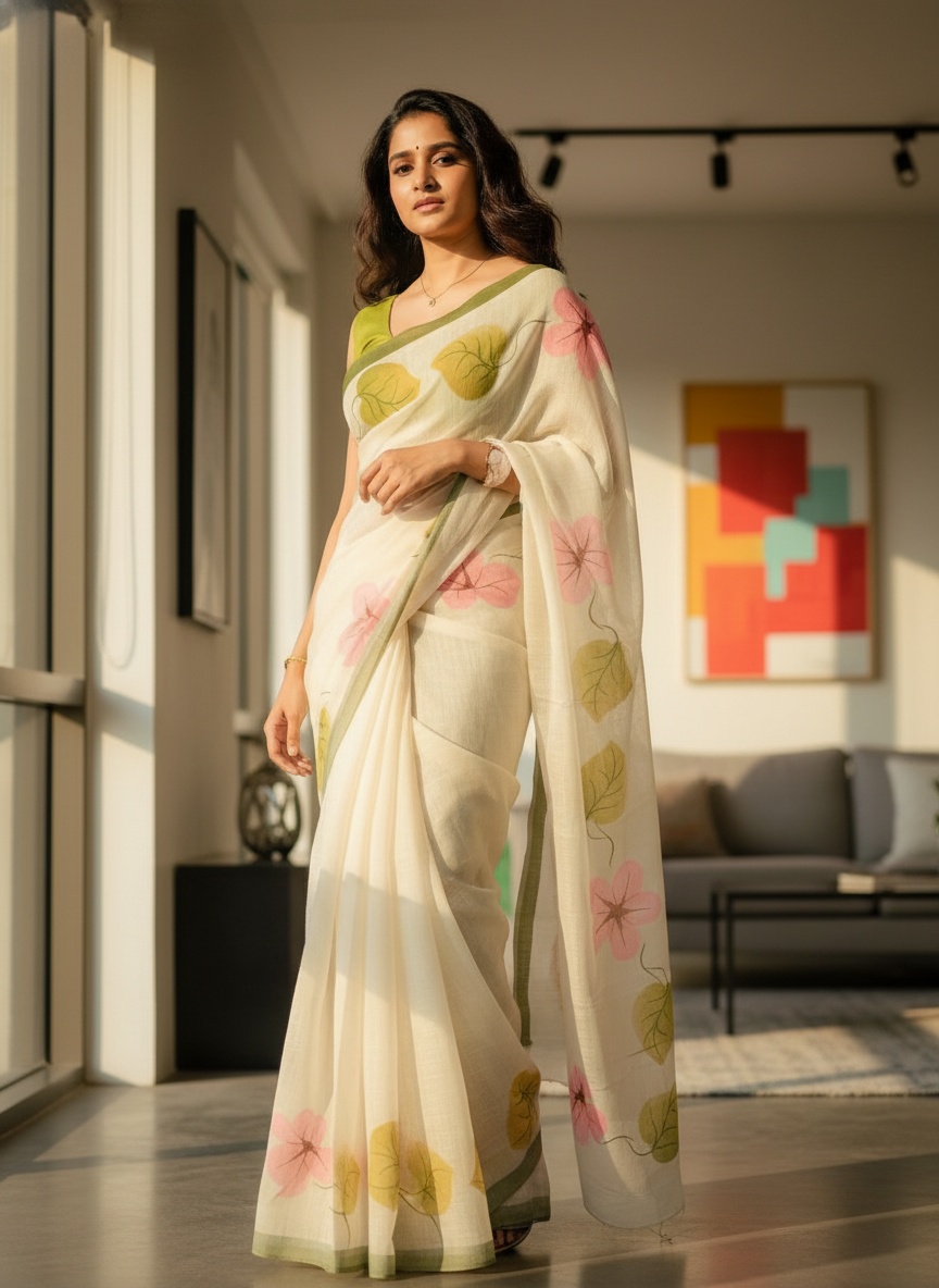 Off-White Linen Cotton Saree with Digital-Painted Floral Motifs, Green Border, Pink and Yellow Leaf Design