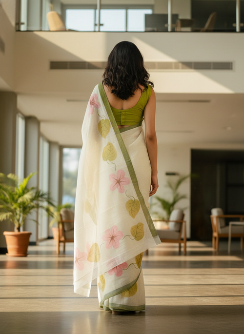 Off-White Linen Cotton Saree with Digital-Painted Floral Motifs, Green Border, Pink and Yellow Leaf Design