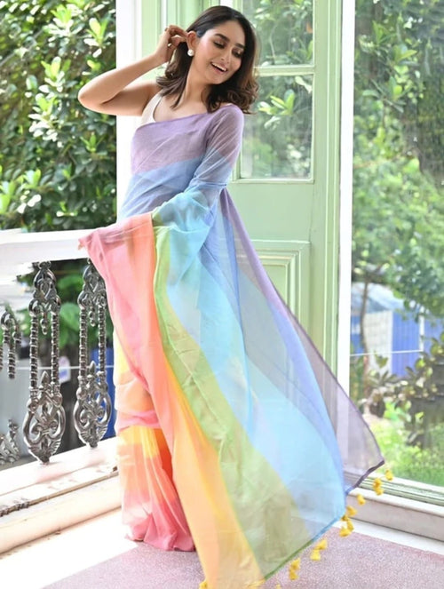 Rainbow Multicolor Gradient Saree, Linen Blend, Lightweight Sheer Fabric