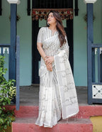 Cotton Linen Saree, White with Black Stripes, Traditional Ethnic Wear