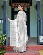 Cotton Linen Saree, White with Black Stripes, Traditional Ethnic Wear