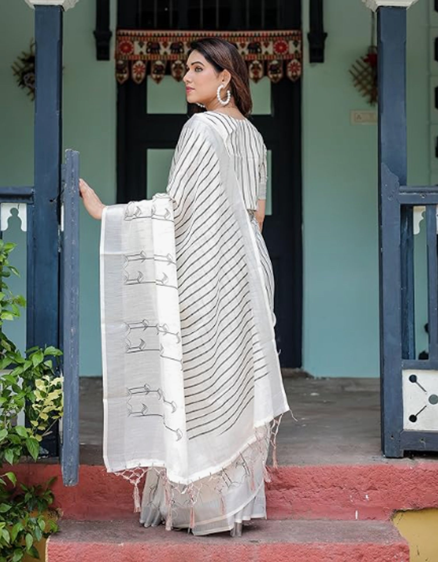 Cotton Linen Saree, White with Black Stripes, Traditional Ethnic Wear