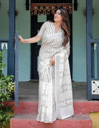 Cotton Linen Saree, White with Black Stripes, Traditional Ethnic Wear