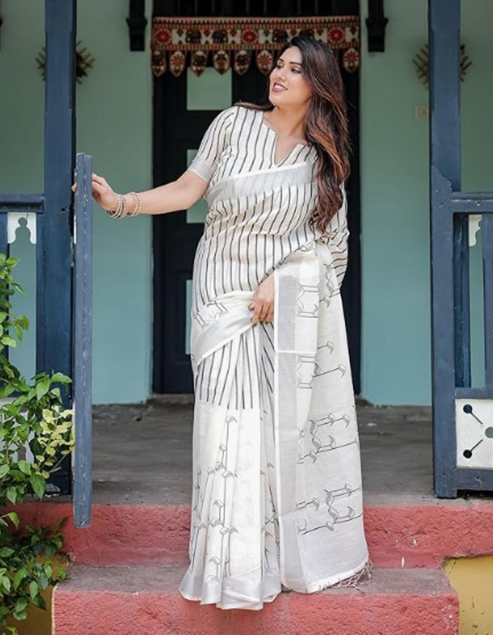 Cotton Linen Saree, White with Black Stripes, Traditional Ethnic Wear