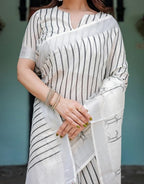 Cotton Linen Saree, White with Black Stripes, Traditional Ethnic Wear