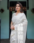 Cotton Linen Saree, White with Black Stripes, Traditional Ethnic Wear