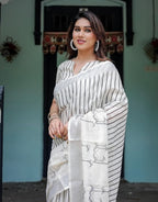 Cotton Linen Saree, White with Black Stripes, Traditional Ethnic Wear