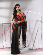 Black Linen Cotton Saree with Multicolor Striped Border, Tassel Details, Traditional Indian Ethnic Wear