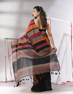 Black Linen Cotton Saree with Multicolor Striped Border, Tassel Details, Traditional Indian Ethnic Wear