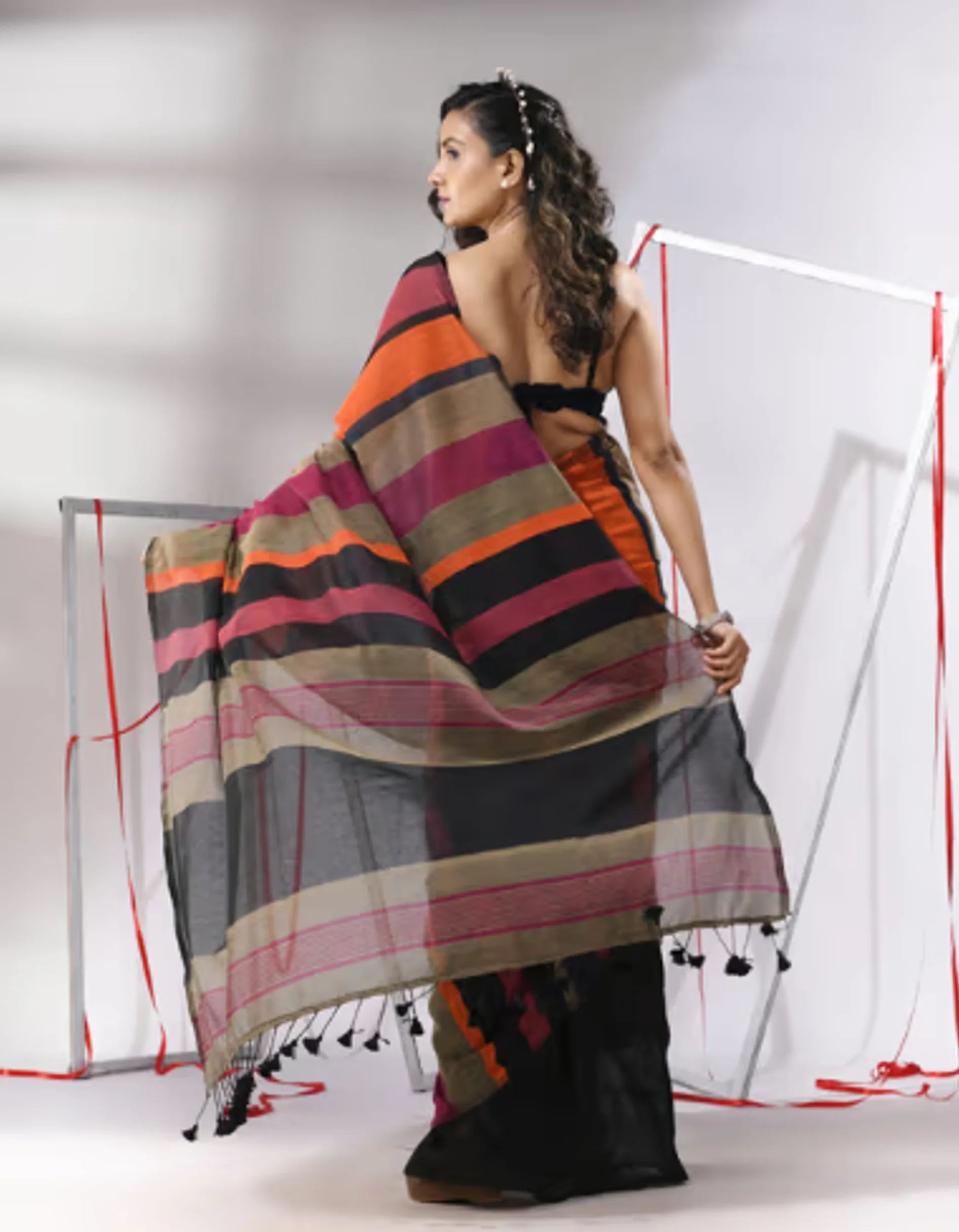 Black Linen Cotton Saree with Multicolor Striped Border, Tassel Details, Traditional Indian Ethnic Wear