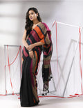 Black Linen Cotton Saree with Multicolor Striped Border, Tassel Details, Traditional Indian Ethnic Wear