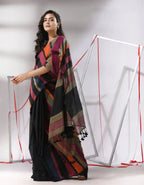 Black Linen Cotton Saree with Multicolor Striped Border, Tassel Details, Traditional Indian Ethnic Wear