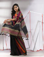 Black Linen Cotton Saree with Multicolor Striped Border, Tassel Details, Traditional Indian Ethnic Wear